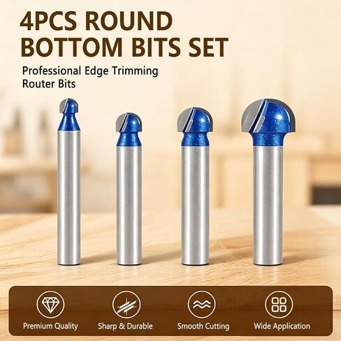 4-Piece Core Box Router Bit Set, 1/4" Shank Round Nose Bits, 1/4", 5/16", 3/8" & 1/2" Cutting Diameter, Woodworking Router Bits for Grooves, Cove, and Decorative Edges in Kuwait