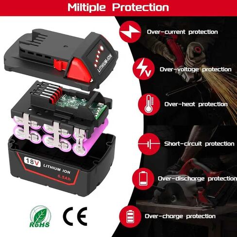 Worthmah 2 Pack 6.5Ah 18V Batteries Replace for Milwaukee M18 Battery Lithium lon 48-11-1860 48-11-1850, Compatible with m18 Milwaukee Battery Charger and 18 Volt Cordless Power Tools in Kuwait