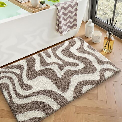LUMI Non Slip Bathroom Rug Modern Aesthetic, Ultra Soft Absorbent Washable Bath Mats, Quick Dry Premium Floor Rugs for Shower, Tub, Black and White, 17x30 in Saudi Arabia