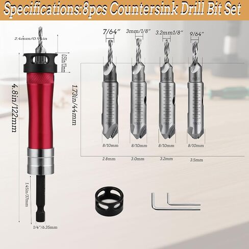 8 PCS Countersink Drill Bit Set, HSS Woodworking Drill Bits Set with Adjustable Depth Stop, 1/4" Hex Shank Quick Change Drill Kit for Metal, Wood, Plywood, MDF, Plastic, with Storage Box in Kuwait