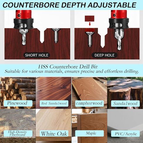 8 PCS Countersink Drill Bit Set, HSS Woodworking Drill Bits Set with Adjustable Depth Stop, 1/4" Hex Shank Quick Change Drill Kit for Metal, Wood, Plywood, MDF, Plastic, with Storage Box in Kuwait