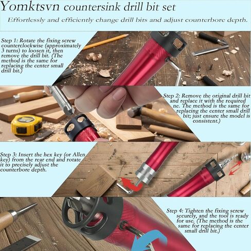 8 PCS Countersink Drill Bit Set, HSS Woodworking Drill Bits Set with Adjustable Depth Stop, 1/4" Hex Shank Quick Change Drill Kit for Metal, Wood, Plywood, MDF, Plastic, with Storage Box in Kuwait