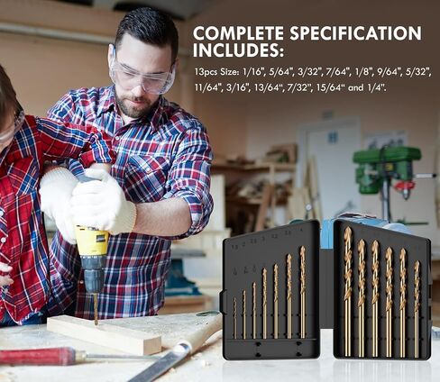 Cobalt Drill Bit Set, 13Pcs M35 High Speed Steel Jobber Length Drill Bit Kit for Hardened Metal, Stainless Steel, Cast Iron, Wood and Plastic, with Index Storage Case, 1/16"-1/4" in Kuwait