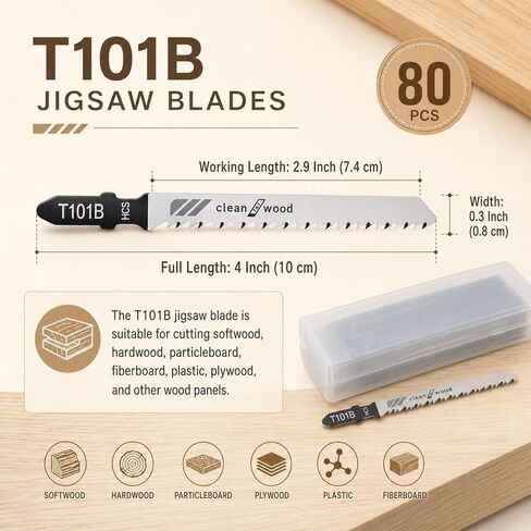 80Pack T101B T-Shank Jigsaw Blades - 4 Inch 10 TPI Contractor Jig Saw Blades Set, T-Shank Jig Saw Blade for Wood Metal Plastic, Made with High Speed Carbon Steel Precise Clean Straight Cutting in Kuwait