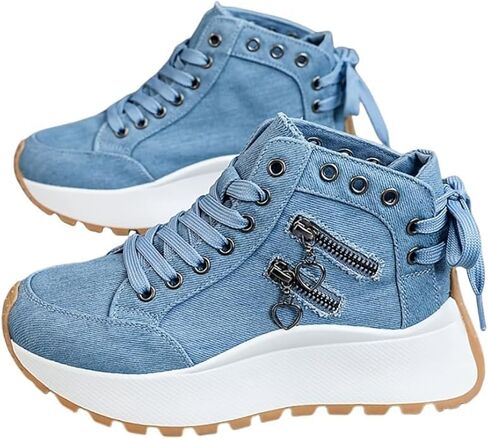 Women's High Top Platform Sneakers with Double Zipper, Fashion Wedge Lace Up Walking Shoes, Lightweight Casual Tennis Shoes, Non Slip Comfortable Ankle Boots in Kuwait