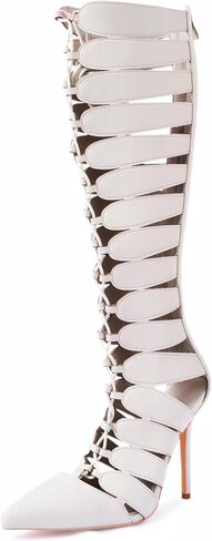 4.3IN Lace-Up Hollow Gladiator Heels Pointed-Toe Gladiator Sandals for Wowen Knee High Summer Stiletto Heels for Nightclub Party Wedding in Kuwait