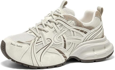 BEAU TODAY Women's Chunky Sneakers, Fashion Mesh Athletic Shoes | Platform Dad Shoes, Comfortable Breathable, Trendy Casual, Suede Leather, Non-Slip Durable, Lace-Up, Walking Gym in Kuwait