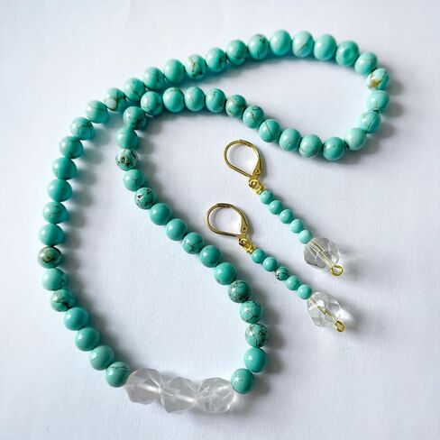 LCYFJW Natural Blue Turquoise Stone Beads Necklace,Real Genuine Three Multi-Cut Crystal Quartz Gemstone Boho Bohemian Beading Necklace and Drop Dangle Earrings Jewelry for Women in Saudi Arabia