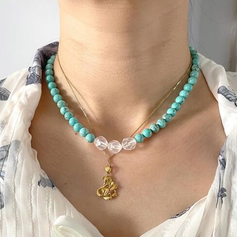 LCYFJW Natural Blue Turquoise Stone Beads Necklace,Real Genuine Three Multi-Cut Crystal Quartz Gemstone Boho Bohemian Beading Necklace and Drop Dangle Earrings Jewelry for Women in Saudi Arabia