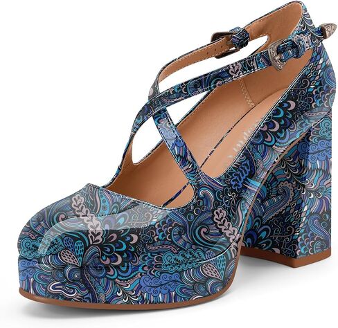 Oh Mispares Women's Platform Mary Jane Chunky Heels Cross Ankle Strap Closed Round Toe High Heel Pumps Casual Dress Comfortable Patent Leather Shoes 4 Inch in Kuwait