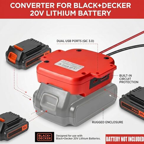 20V Battery Adapter Converter for Black+Decker 20V MAX Lithium Battery, with USB-A 5V 2A Charging Port Positive/Negative Output Terminals for DIY Power Tools, Fans LED Projects in Kuwait