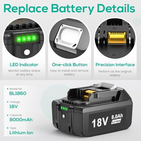 ARyee 18V 8.0Ah Replacement for Makita 18V Battery BL1860 BL1850 BL1850B BL1845B BL1840 BL1840B Lithium-ion with 14.4v-18v Battery Charger in Kuwait