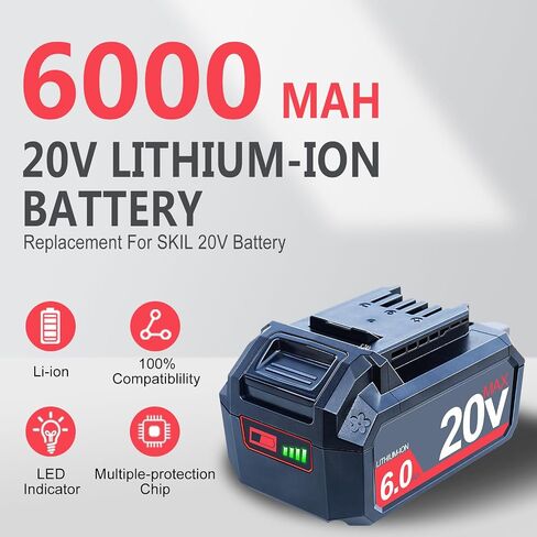 FSKE 6000mAh Replacement for Skil 20V Battery PWRCore BY519601 BY519603 | Upgraded Capacity Compatible with SKIL 20 Volt Cordless Power Tools in Kuwait