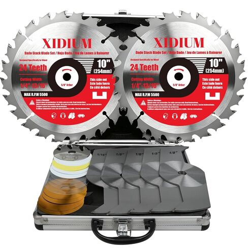 10" Dado Blade Set for Table Saw, 5/8" Arbor with Shims, 23PCS | 24T outer +5 chippers +16 shims, 1/4"-13/16", 5500 RPM. Anti-kickback. Plywood, hardwood, MDF, rabbeting & joinery. in Kuwait