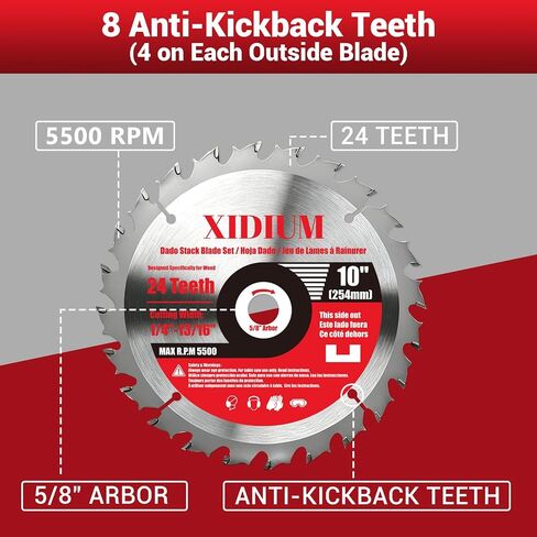 10" Dado Blade Set for Table Saw, 5/8" Arbor with Shims, 23PCS | 24T outer +5 chippers +16 shims, 1/4"-13/16", 5500 RPM. Anti-kickback. Plywood, hardwood, MDF, rabbeting & joinery. in Kuwait
