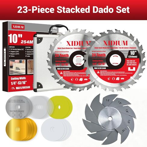 10" Dado Blade Set for Table Saw, 5/8" Arbor with Shims, 23PCS | 24T outer +5 chippers +16 shims, 1/4"-13/16", 5500 RPM. Anti-kickback. Plywood, hardwood, MDF, rabbeting & joinery. in Kuwait