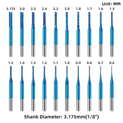 20Pcs 0.6-3.175mm CNC Router Bit Set, 1/8" Shank Nano Blue Coat Carbide Engraving End Milling Cutter Rotary Burrs Tool in Kuwait