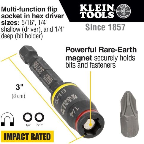 Klein Tools 32767 Impact Driver, 3-in-1 Impact Flip Socket and Bit Holder & 32766 Impact Driver, 3-in-1 Impact Flip Socket and Bit Holder, 1/4-Inch and 5/16-Inch Hex Drivers, 3-Inch Length in Kuwait