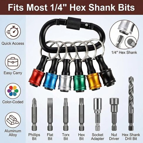6PCS 1/4" Hex Shank Bit Holder Set, Aluminum Quick Change Drill Bit Holder with Keychain & Carabiner for Impact Driver and Screwdriver in Kuwait