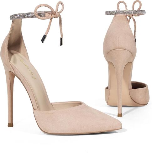 Elisabet Tang Women's 4 Inch Stiletto High Heels,with Sparkly Adjustable Ankle Strap Rhinestone,Closed Pointed Toe Pumps with Bow, Strappy Wedding Dress Shoes in Kuwait