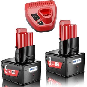 2 Pack 9.5Ah Replacement for Milwaukee 12V Battery with LCD and Charger | Compatible with M12 Battery 48-11-2460,48-11-2450,48-11-2440,48-11-2420,48-11-2430,48-11-2401,48-11-2411 Power Tools in Kuwait