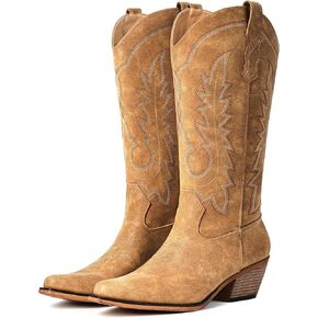 IUV Cowboy Boots For Women Chunky Heel Pointed Toe Cowgirl Boots Mid Calf Western Embroidery Boot in Kuwait