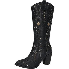 Women’s Western Cowgirl Boots – Black Leather Pointed Toe Boots with Studded Detailing, Chunky Heel, Embroidered Mid-Calf Design for Rodeo, Festival & Night Out in Saudi Arabia