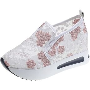 Fashion Sneakers for Women, Floral Embroidery Breathable Sheer Mesh Lace Sneakers Slip on Sneakers Platform Wedge Sneakers Dressy Casual Walking Shoes in Saudi Arabia