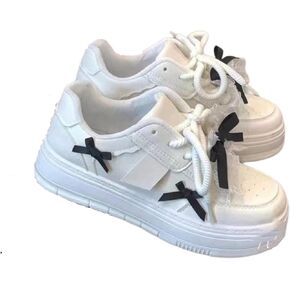 Cute Bow Platform Sneakers for Women - Lace Trim Chunky Sole Fashion Shoes - Sweet Ribbon Detail White Casual Shoes in Kuwait