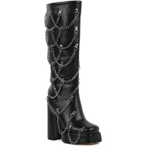 VERISSON Women's Gothic Platform Knee High Boots with Chains, Square Toe Studded Side Zipper Long Boots Chunky High Heel Black Tall Boots in Kuwait