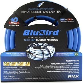 BLUBIRD BB38100 3/8" x 100' Rubber Air Hose, 100% Rubber, Lightest, Strongest, Most Flexible, 300 PSI, 50F to 190F Degrees, Ozone Resistant, High Strength Polyester Braided | High-Performance Pneumatic Hose for Automotive Construction & Industrial, Durabl in Kuwait