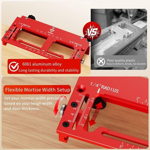 Door Hinge Jig for Door and Jamb/Frame, Upgraded Adjustable Mortise Width, Aluminum Alloy Door Hinge Template Kit for Router, Mortise Jig Fits 1/4" R, 5/8" R and Square Corner Hinges from 2" to 5" in Kuwait