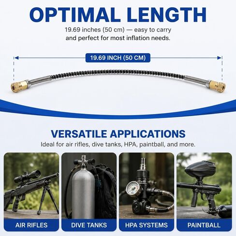 PCP Air Compressor High Pressure Hose, 300Bar / 4500PSI 50CM | High pressure PCP fill hose, 4500PSI. M10x1.0 female thread. Compatible with air rifles, scuba, paintball markers. Durable. in Kuwait