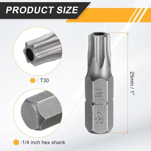 HARFINGTON 2pcs T30 Torx Screwdriver Bit 1/4" Hex Shank 25mm/1" Length S2 Steel Star 6 Point Head Hex Security Screw Driver Bits with Hole for Impact Electric Screw Driver Power Tools, Grey in Kuwait
