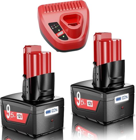 2 Pack 9.5Ah Replacement for Milwaukee 12V Battery with LCD and Charger | Compatible with M12 Battery 48-11-2460,48-11-2450,48-11-2440,48-11-2420,48-11-2430,48-11-2401,48-11-2411 Power Tools in Kuwait