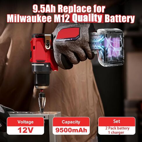 2 Pack 9.5Ah Replacement for Milwaukee 12V Battery with LCD and Charger | Compatible with M12 Battery 48-11-2460,48-11-2450,48-11-2440,48-11-2420,48-11-2430,48-11-2401,48-11-2411 Power Tools in Kuwait