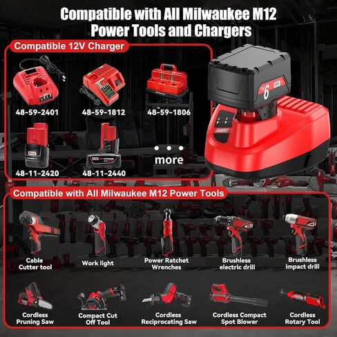 2 Pack 9.5Ah Replacement for Milwaukee 12V Battery with LCD and Charger | Compatible with M12 Battery 48-11-2460,48-11-2450,48-11-2440,48-11-2420,48-11-2430,48-11-2401,48-11-2411 Power Tools in Kuwait
