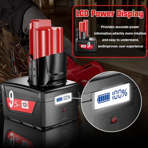 2 Pack 9.5Ah Replacement for Milwaukee 12V Battery with LCD and Charger | Compatible with M12 Battery 48-11-2460,48-11-2450,48-11-2440,48-11-2420,48-11-2430,48-11-2401,48-11-2411 Power Tools in Kuwait