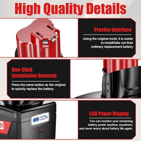 2 Pack 9.5Ah Replacement for Milwaukee 12V Battery with LCD and Charger | Compatible with M12 Battery 48-11-2460,48-11-2450,48-11-2440,48-11-2420,48-11-2430,48-11-2401,48-11-2411 Power Tools in Kuwait