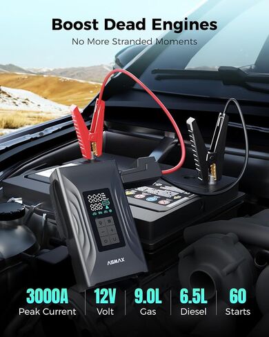 ASMAX T20 7-in-1 Portable Jump Starter with Air Compressor, 3000A Car Battery Booster with Smart Battery Clamps, 12V Jump Box for 9.0L Gas/6.5L Diesel Engines, 150PSI Auto-Shutoff Tire Inflator in Kuwait