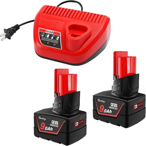 12V 9.0Ah Lithium Battery and Charger Kit Compatible with Milwaukee Tools | Compatible with 12 Volt Tools 2 Packs High Capacity Replacement Battery Pack with Charger for Cordless Power Tools in Kuwait
