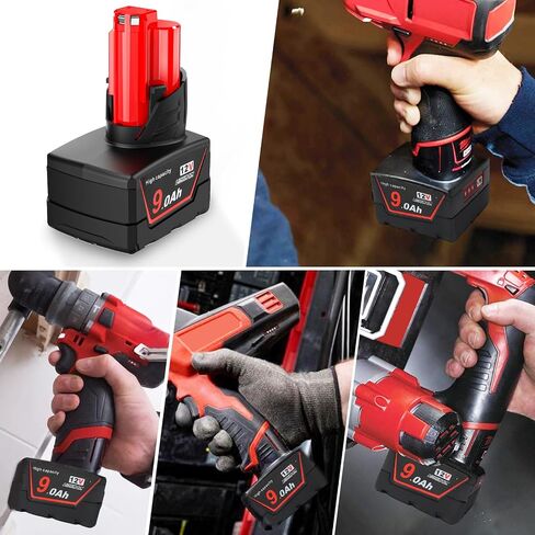 12V 9.0Ah Lithium Battery and Charger Kit Compatible with Milwaukee Tools | Compatible with 12 Volt Tools 2 Packs High Capacity Replacement Battery Pack with Charger for Cordless Power Tools in Kuwait