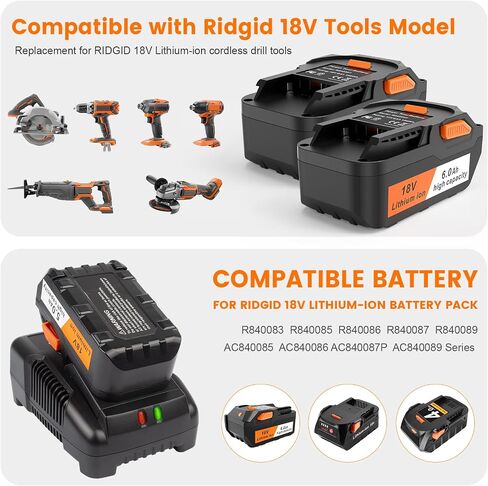 ARyee 2 Pack 18V 6.0Ah Replacement for Ridgid 18V Battery Compatible with 18Volt R840087 R840083 R840086 R840085 R840084 AC840085 AC840086 AC840089 with R86092 Battery Charger in Kuwait