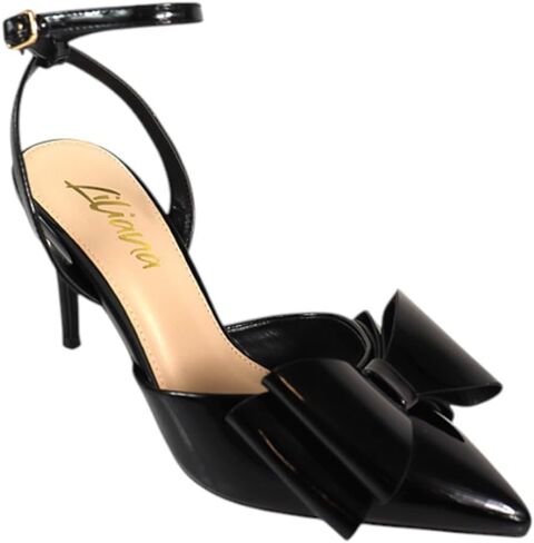 Liliana Women’s Bow Pointed Toe High Heel Pumps – Ankle Strap Stiletto Heels, Patent Leather Dress Shoes in Kuwait