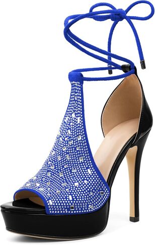 AUMOTED Women's Platform Stilettos Rhinestone Strappy Lace Up High Heels Sexy Peep Toe Pumps Sandals for Evening Dress in Kuwait