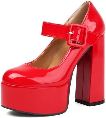Women's Mary Jane Platform Pumps 5" Chunky Heel Patent Leather Buckle Strap Party Shoes Black Red White in Kuwait