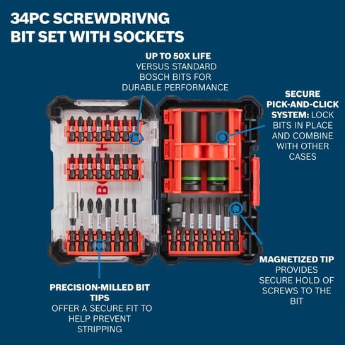 BOSCH SDSKTD34 34-Piece Impact Tough Screwdriving Bit Set with Sockets, Phillips, Torx, and Square Bits | Impact Rated with Torsion Zone for Drills and Impact Drivers | Includes Customizable Case in Kuwait