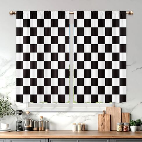 Black White Checkered Valance Curtains for Bedroom 52Wx18H Inch Rod Pocket Abstract Modern Y2K 2000s 70s Vintage Classic Cute Hippie Groovy 1 Panel Window Treatment Set for Living Room Decor in Saudi Arabia