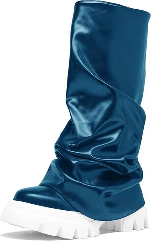 Slouchy Fold Over Mid Calf Platform Combat Boots For Women | Round Toe Chunky Heel Mid Calf Baggy Stacked Moon Boots for Rave Party Club Night Out in Kuwait
