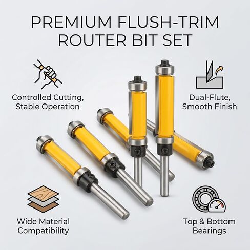 Flush Trim Router Bit Set, Carbide Dual Flute Top and Bottom Bearing Template Trimming for Woodworking Projects Tungsten Carbide 1/4 Inch Shank 1/2 Inch Dia 4 Pack in Kuwait